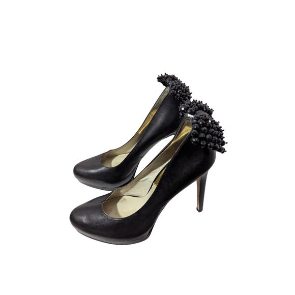 MICHAEL KORS! JET BLACK GENUINE LEATHER PLATFORM JEWELED HEEL PUMPS! SZ 9.5M - Picture 1 of 12